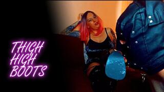 Lady Angela male submissive kneels on the floor and licks black pvc thigh high boots bot worship boot domination heels sucking female supremacy
