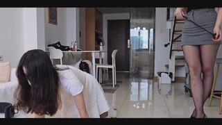 Command, whip, dog leash, kneeling and crawling