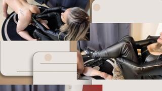 Empress Bella Sadic sticks her feet with latex stockings her slave husband's ass