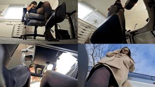 Tiny unaware crushed in the giantess' office and stuck to her shoe sole