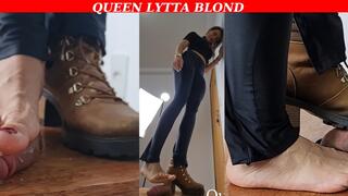 Queen Lytta - Sexy Footjob CBT and Shoejob and step on his cock until he bust on her feet - 2 angles - CBT - COCK TRAMPLING - FOOT DOMINATION - FOOT HUMILIATION - BALLBUSTING - COCK SQUEEZE - FOOT FETISH - SOLES - COCK STOMP - FEMDOM -