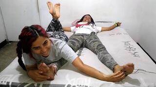 Mariana tickles Nicole's stepmom's feet