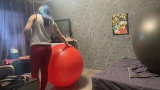 girl in red leggins crazy jump on red yogaball