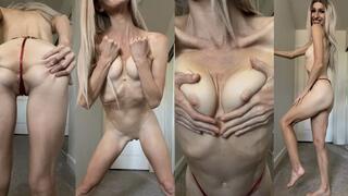 Skinny fit blonde striptease from red thong to nude