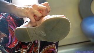 Beauty woman foot fetish girl with sandals, cute feet, foot fetish close-up