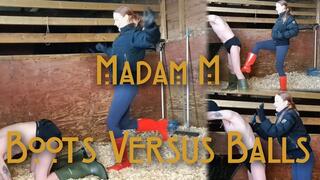 Boots Versus Balls, extremely hard Hunters Wellingtons ballbusting in the stables