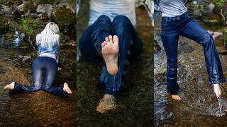 Barefoot wet walk in a river - soaking my vintage Y2K flared jeans