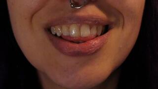 Dirty White Tongue Show and Lick Teeth and Lips