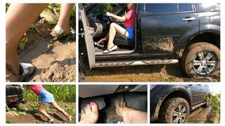 HOT PREMIERE: Emily in terrible trouble - her powerful jeep stuck in deep mud