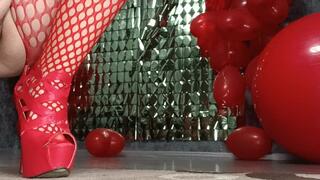 girl in high heels poping hearts balloons