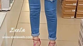 Exela in Flashing and fitting sexy high heels shoes in the mall