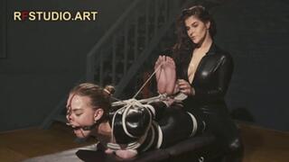Brittany Hogtied in Catsuit - Nosehook, Ring Gag, Tit Ties and Toe Ties - Foot Tickled by Pandora (UHD 4K MP4)