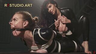 Brittany Hogtied in Catsuit - Nosehook, Ring Gag, Tit Ties and Toe Ties - Foot Tickled by Pandora (FULL HD MP4)