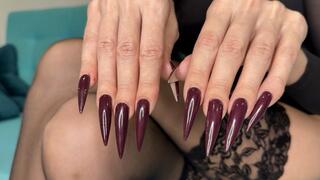 Dark purple long nails, finger snapping and sucking, claws, palms spreading very wide