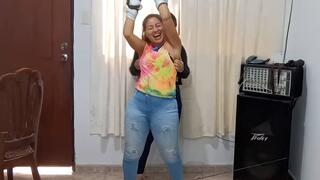 Alba ties up Juliana and tickles her thick thighs and armpits!