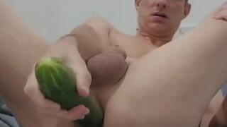 Seychelles Sissy destroying his faggot ass with monster cucumber