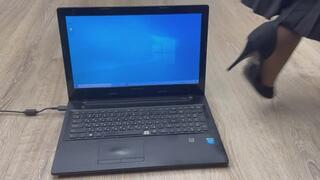 cute girl crush laptop with high heels and trample