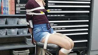 0055 Body Shaking Brutal Bondage in the Workshop – Chair Tie Stress Position Stretches Catherine Sterling in a Sock Gag, Blindfold & Nipple Clamp Pain Predicament! HD Version