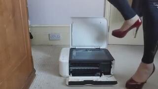 cute girl trample and crushing printer