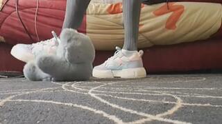 cute girl sexy feet trampling soft teddy bear