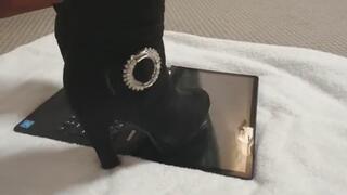 cute girl trample and crush laptop