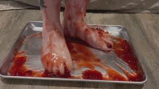Squishing my feet in homemade strawberry jam