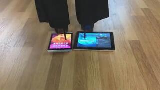 beautiful girl trample and crush 2 tables