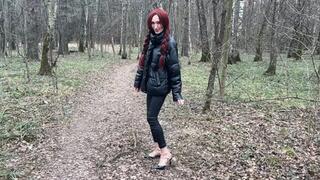 Walking through the woods with a girl in high heels