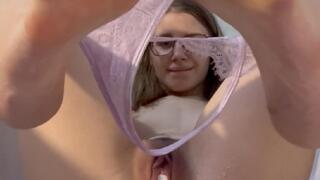 Tampon-stuffed pussy, dirty lace thongs, feet, and piss play