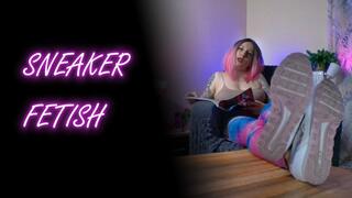 Lady Angela put her legs on a coffee table wants you to lick her sneakers clean tattooed milf leggings nike sneakers pink hair