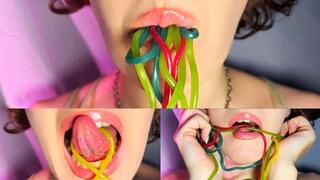 My tongue salivatingly licks and sucks on the marmalade strings