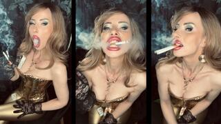 Smoking 2 marlboro 100 at once in golden corsage and leggings