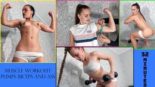 Muscle Workout Pumps Biceps and Ass - Muscular Woman - Ass Worship - Firm Ass - Dumbbell Workout - Strength Training - Arm Wrestling - Strong Female Arms - Body Stretching - Naked Workout - Gym