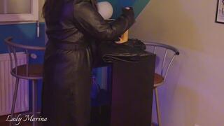 Lady Marina handjob with exquisite leather outfit and high heels