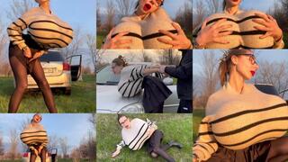 Fake inflated tits are no longer her secret!