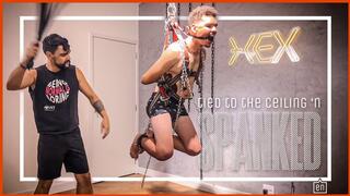 Three sadistic guys spank a slave tied to the ceiling (1080p ENG-sub)