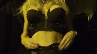 fetish club toilet bj and fuck with gas mask guy in pvc and bondage dress