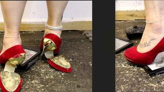 Red and Gold High Heel Bending and Breaking Crushing Electronics