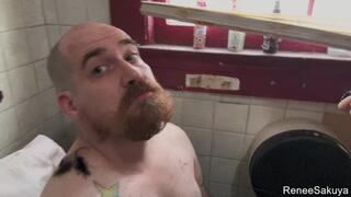 Shaving his face while topless and wearing jeans, ReneeSakuya