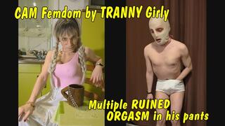 Loser humiliated on cam by cute tranny girl! Multiple ruined orgasm in his pants! GERMAN