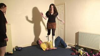 2 Girls Jumping & Stomping & Trampling Their Slave