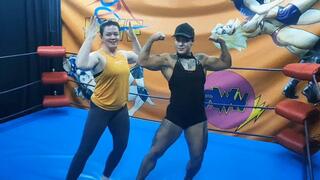 2 fem bodybuilders lift each other and a fem wrestler