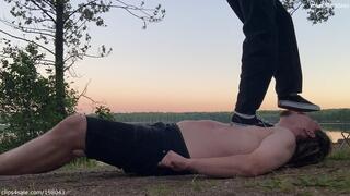 I trample My bitch in the forest, humuliate him and make him lick My sneakers soles and sniff My socks