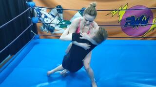 Student girl wrestles a guy from her college