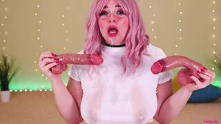 Two big dildos fuck deep that throat | Double blowjob | a wet white t-shirt