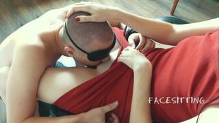 Chained slave licks pussy on the orders of mistress, russian femdom cunnilingus, female domination