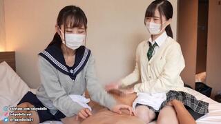 Handjob with double nipple licking.