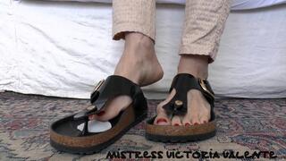Black Flip-Flop Toe Separator Sandals and Leather Foot Pads