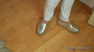 Worn Nylon Feet in Glittery Espadrilles & Tight White Jeans