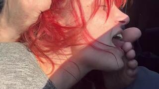 On the way - hard face slapping and feet licking while driving